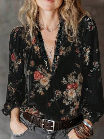 Autumn/Winter Women's Fashionable Elegant Casual Urban Modern Floral Digital Print Design Long-Sleeve V-Neck Fleece Top, Women's Christmas Top, New Year Top, Elegant Party Shirt, Women's Elegant Top, Women's Casual Top, Women's Winter Wear, Four-Season Top, Casual Comfortable Top