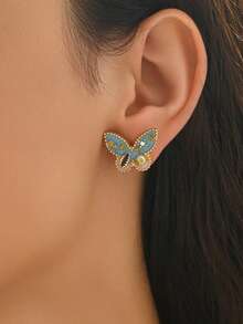 1 par de pendientes de mujer con forma de mariposa con perlas cultivadas/rhinestones de estilo vintage, adecuados para vacaciones y uso diario - Multicolor - Ver 6