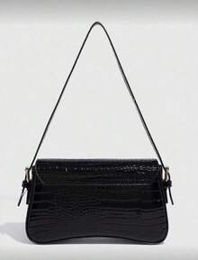 1pc Women Faux Leather Shoulder Bag, Black Crocodile Pattern Square Bag, Versatile Patent Leather Purse, Y2K Crossbody/Underarm Bag, Fashionable Sling Bag, With Cherry Pendant Charm - 黑色 - 查看 4
