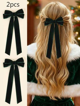 2个装深绿色丝绒蝴蝶结发夹，女士女孩纯色丝绒蝴蝶结鳄鱼夹，优雅长尾蝴蝶结发夹，秋冬季蝴蝶结发卡，女士发饰，爪夹，发卡