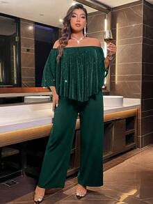Plus Size Jumpsuit With Off Shoulder Design, Fashionable & Elegant, Early Autumn Summer - Green - View 3
