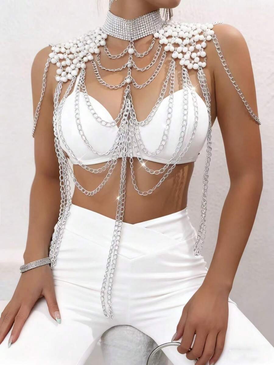 ZHENGHEN 1 pieza Cadena para el Body con tirantes finos y flecos metálicos de estilo gótico y sexy en color negro, cadena de hombro de lujo, atuendo de fiesta de moda para la reina