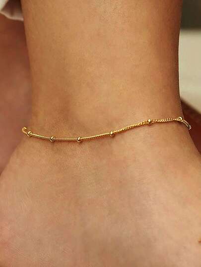 1pc S925 Sterling Silver Vintage 14K Gold Plated Classic Small Bead Anklet For Women, Lightweight Luxury Minimalist Fashionable Foot Jewelry