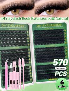 Regalo de Navidad Nuevo Set de 600/570 Pestañas Postizas Rizadas Tipo D Esponjosas, Incluye Tutorial de Pestañas Postizas Amigable para Principiantes, Kit de Pestañas en Racimos Gruesas y Voluminosas DIY (Con Adhesivo y Sellador), Pinzas, Cepillo de Pestañas, Lupa de Pestañas, Reutilizable