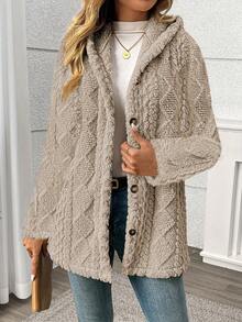 Long Solid Color Diamond Pattern Soft Fleece Front Button Cardigan, Everyday Wear, Autumn/Winter