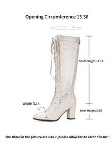 SDEMIN Women's White Floral Lace Knee-High Boots - Vintage Elegant Block Heel Style With Rear Zipper For Easy On/Off & Front Lace-Up For Calf Adjustment, Faux Leather & Delicate Lace Design For Spring/Summer Weddings, Parties & Dates - White - View 8