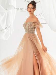 VIPGIRL Brown Off-Shoulder Mesh Sequin A-Line High Slit Maxi Evening Dress - Brown - View 5