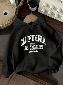 [Soft Pink LA Hoodie] Soft Polyester Women's Casual Pink Hoodie With "California Los Angeles" Print |   Loose Fit, Long Sleeve, Spring/Summer/Fall Wear, Relaxed Fit, Smooth Texture - 黑色 - 查看 2