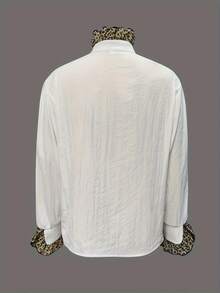 1 pieza Camisa de mujer con botones y cuello de solapa con estampado de leopardo y unicolor de poliéster, adecuada para uso diario y festivales, primavera, verano, otoño blanco - Blanco - Ver 4
