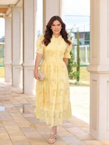 Women's Elegant Floral Embroidered Lace Midi Dress, 100% Cotton, With Puff Sleeves, Front Buttons And Full Skirt - Romantic And Sophisticated Look, Summer 2025 - 黃色 - 查看 1