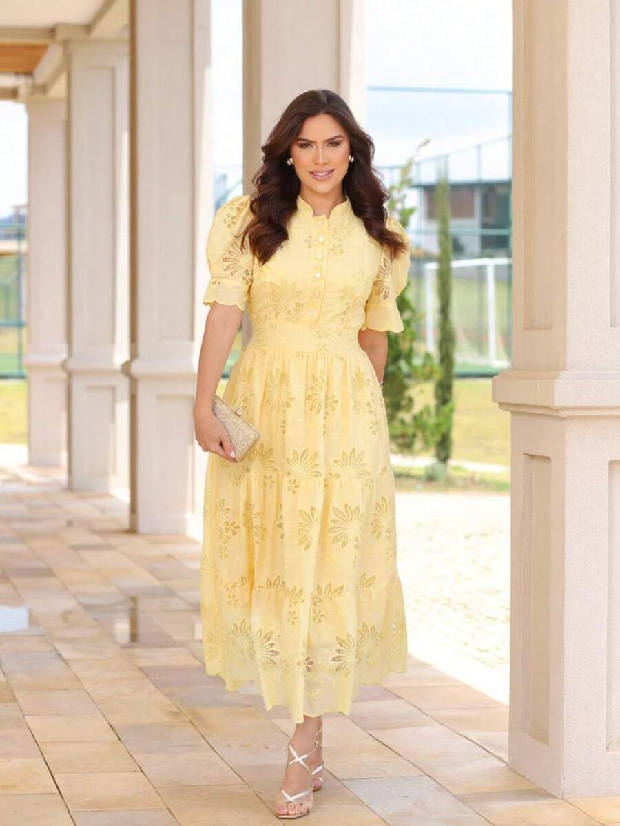 Women's Elegant Floral Embroidered Lace Midi Dress, 100% Cotton, With Puff Sleeves, Front Buttons And Full Skirt - Romantic And Sophisticated Look, Summer 2025 - 黃色 - 查看 1