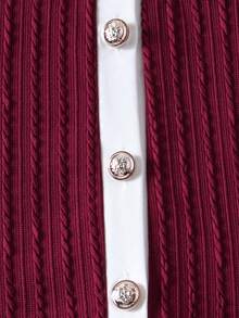 Girls' High-End Colorblock Long Sleeve Knit Cardigan With Ruffle Lace Trim & Bow Decor Maxi Skirt 2-Piece Set - Burgundy - View 4