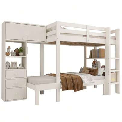 Beliche 90x200 cm com luz noturna inteligente, design offset com guarda-roupa, prateleira e gavetas, amplo espaço de armazenamento, 90x200 cm, branco, EN747-1:2024