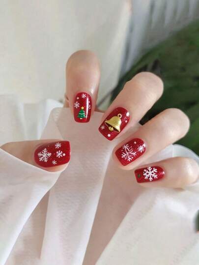 24 Pieces, Short Rectangular, Christmas False Nails, Red French Trim, Green Christmas Tree, White Snowflakes, Star Patterns, Wearable False Nails, Suitable For Parties And Christmas Wear By Ladies