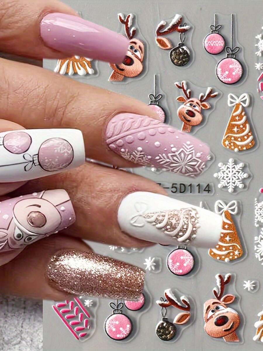 6 Peças de Adesivos de Arte de Unhas de Alívio de Natal e Inverno - Elementos de Natal Flocos de Neve, Rena, Árvore de Natal, Papai Noel, Sino, Design de Arte, Adequado para Uso Diário, Casamento, Feriado de Mulheres, Adesivos de Arte de Unhas Descartáveis e Autoadesivos, Estilo de Tema Cartoon, Fofo, Fácil de Colar Decoração de Unhas