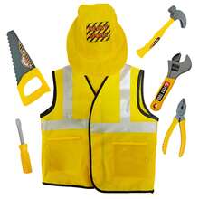 一套8件装儿童工程角色扮演服装，黄色，适合3岁以上男孩女孩，包括背心、帽子、腰带、锯子、扳手、螺丝刀、锤子和钳子，可用于家庭工程游戏、角色扮演道具、舞台表演道具、专业体验道具和万圣节游行道具。是送给男孩的最佳惊喜礼物、生日礼物、圣诞礼物、万圣节礼物，也是万圣节儿童玩具、男孩玩具和女孩玩具的理想选择。