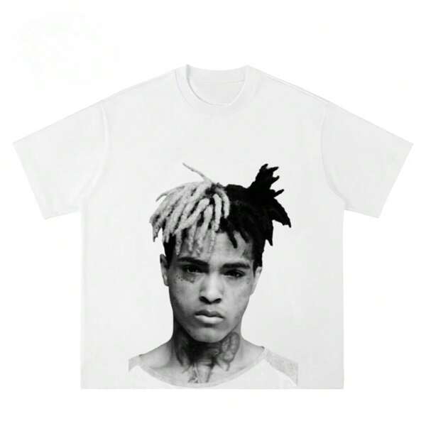 Fashion-2025 Rapper Portrait Printed Screen Print Texture American Small Neckline Hip Hop Punk Rap Loose Short Sleeve T-shirt
