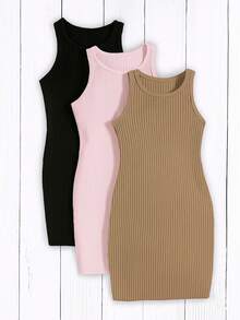 Kit com 3 Vestido Casual Versátil de Malha com Decote Redondo sem Mangas e Ajustado Infantil e Juvenil Midi Para Meninas e Adolescentes Jovens Teen Moda Primavera Verão Tecido Canelado Premium VINF446 - Preto, Nude e Rosa Bebê - Visão 2