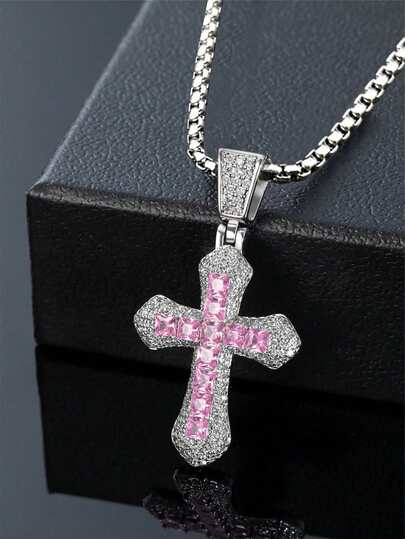 男士简约方晶锆石吊坠项链，适合日常佩戴