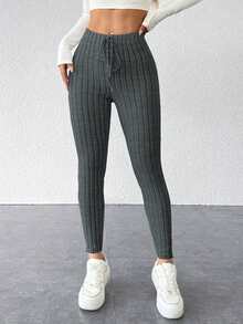 3 Stück Damen Lässig einfarbige gerippte verdrehte Hose mit elastischem Bund