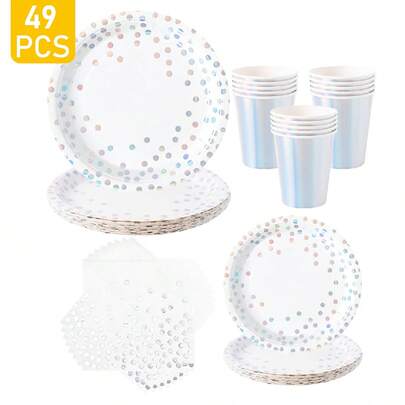 1 Set Disposable Laser Silver Dot Plates, Napkins, Cups, Serves 8 Guests, Suitable For Birthday, Wedding, Theme Party, Family Picnic