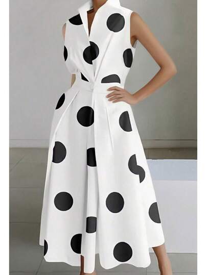 Plus Size A Sleeveless, Cinched-Waist, Slim-Fitting, Versatile, Business-Appropriate, Dot-Patterned V-Neck Women's Dress With A Large Skirt, Perfect For Daily Wear, Casual Outings, Dates, Travels, Airport Outfits, And Must-Have Fashionable Items For Women.