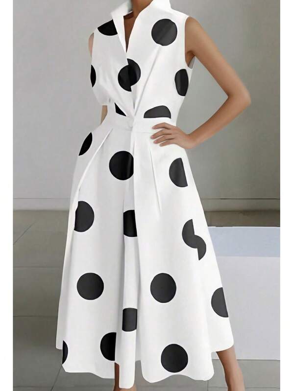 Plus Size A Sleeveless, Cinched-Waist, Slim-Fitting, Versatile, Business-Appropriate, Dot-Patterned V-Neck Women's Dress With A Large Skirt, Perfect For Daily Wear, Casual Outings, Dates, Travels, Airport Outfits, And Must-Have Fashionable Items For Women.