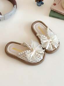 1 Pair Girls' Pearl Bow Lace Breathable Non-Slip Open Toe Flat Sandals, Sweet Princess Style, Suitable For Daily Wear And Parties - Beige - View 1