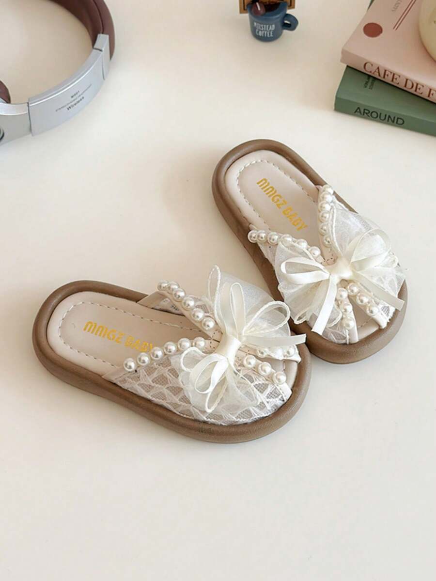 1 Pair Girls' Pearl Bow Lace Breathable Non-Slip Open Toe Flat Sandals, Sweet Princess Style, Suitable For Daily Wear And Parties - Beige - View 1