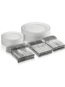 Kitchen Utensil Set, Household & Restaurant Tableware Set, Plate, Knife, Fork, Spoon Set, Suitable For Party, Wedding, Birthday Celebration, And Various Occasions - Silver - View 1