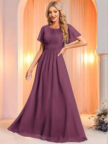 Đầm dự tiệc cưới thanh lịch dành cho nữ, cổ tròn, eo cao, chất liệu chiffon, xếp ly, màu mận chín, thích hợp cho phù dâu hoặc dự tiệc cưới mùa xuân. - Màu tím - Xem 6