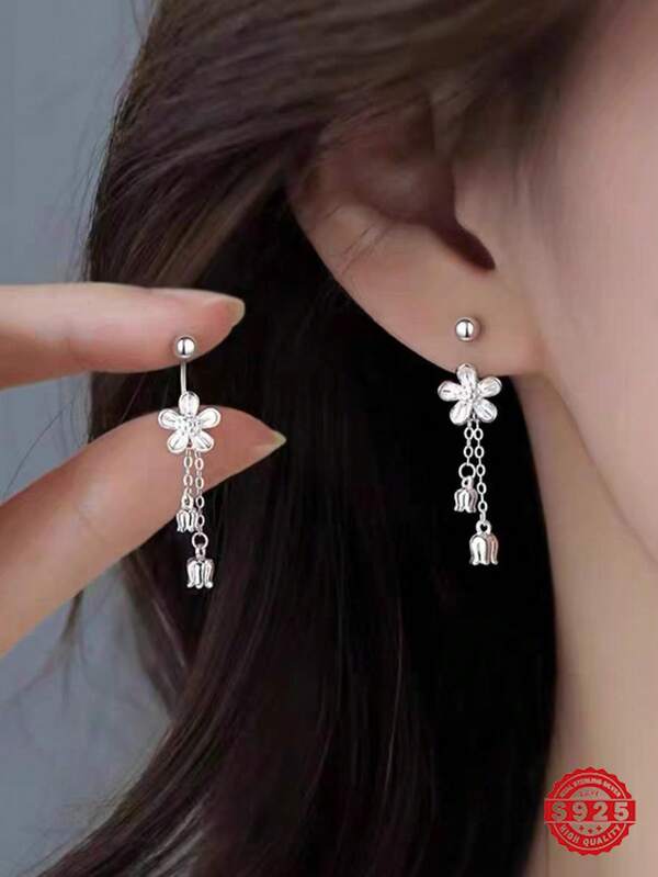 1 par de pendientes colgantes de flor de lirio de los valles de plata esterlina S925, pendientes de borla floral romántica con cierre de rosca, adecuados para uso diario, colección, fiesta, viaje, boda, incluye caja de regalo elegante