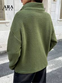 ARA CHIC Women's Lime Green Half-Zip Fleece Stand-Collar Sweatshirt - High-Street Style, Loose Fit, Warm & Comfortable Top For Outdoor & Office Wear, New Style For Autumn & Winter