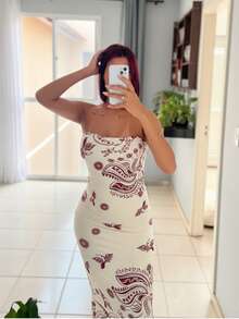 Women's Strapless Midi Dress - Tropical Summer - Redwood - View 2