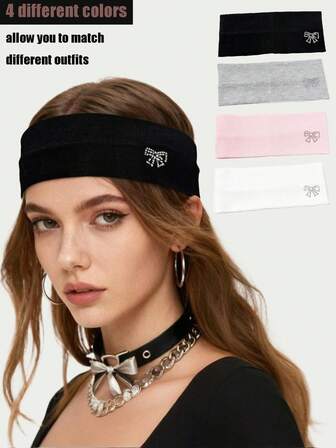 1pc Women's Simple Fashion Solid Color Knitted Elastic Rhinestone Bow Decor Headband, Versatile Personalized Hair Band, Suitable For Daily Commute, Sports, Vacation, Gift For Friends