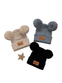 1/2/3件双绒球婴儿针织帽纯色羊毛钩针帽毛绒球儿童套头帽冬季保暖儿童无檐帽 - 彩色 - 查看 34