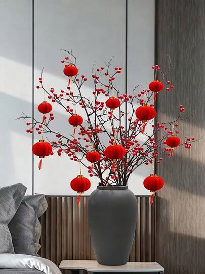 30pcs Mini Red Plush Lanterns, Auspicious Meaning, Accented With Gold, Suitable For Weddings, Chinese New Year And New Year Celebrations, Outdoor Lantern Decor
