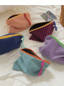 1 Piece Multifunctional Cosmetic Bag With Zipper, Plaid Color Block Style, Makeup Storage Bag, Portable Travel Bag, Toiletry Bag, Travel Bag For Cosmetics And Toiletries, Makeup Brushes, Lipstick, Skincare, Mobile Phone, Coins, Small Items, For Home, Gift, Travel Toiletry Makeup Bag , Makeup Room Decor,Makeup Bag,Travel Essential - Multicolor - View 3
