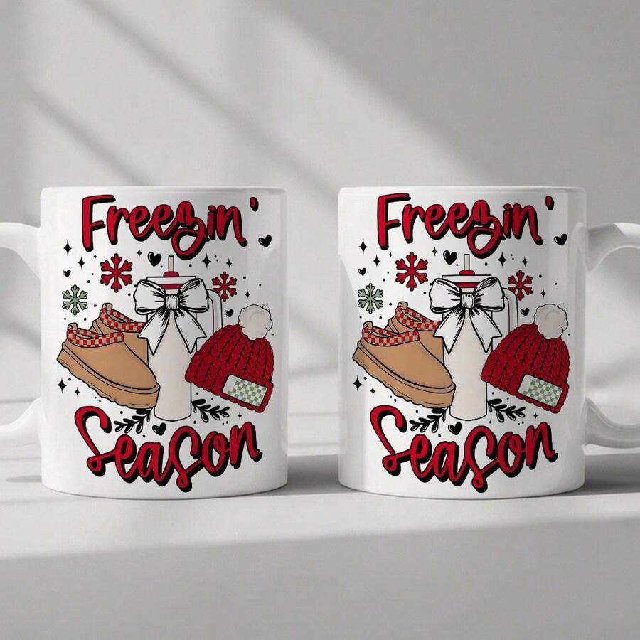 1 "Frozen Season" Christmas Coffee Mug With Snowflake Hat And Winter Boots Design - Pink And White Holiday Mug With Red Letters, Hot Cocoa Gift, Suitable For Home, Office, Party Use (Compatible With Hot Drinks) - Trắng - Xem 1