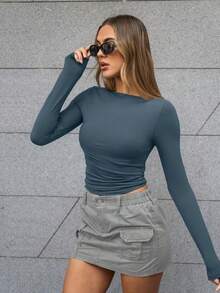 Women's Boat Neck Long Sleeve Casual Fitted Solid Color Fall Basic Tops - NavyBlue - View 6