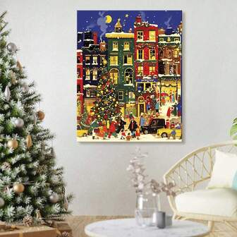 1pc DIY Christmas City Landscape Painting By Numbers Adult Canvas Kit - Digital Oil Painting Craft Set For Home Decor, Beginner Friendly, Unframed 16x20 Inch Canvas