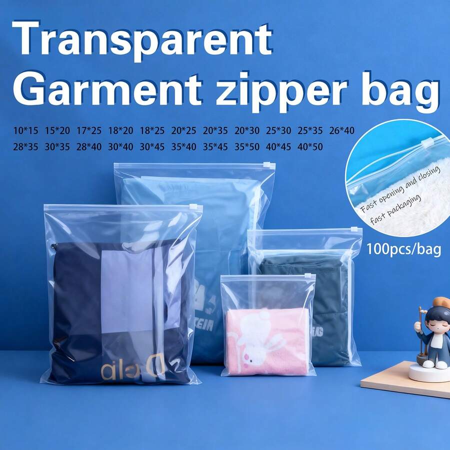 100pcs Transparent Garment Zipper Bags, 12mil Thick Clothes Packaging Bags, Self-Sealing Storage Plastic Bags, Customizable - 100 Pieces / Transparent 12-filament With Holes - View 1