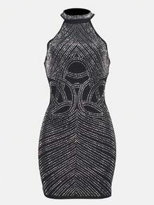 Abito da festa mini con collo a canottiera e strass scintillanti, senza maniche, con schiena scoperta e orlo a matita, stile aderente, per donna, nero con strass argento, collo alto con taglio, abito aderente mini, abito da festa di lusso per l'autunno/inverno e il Natale