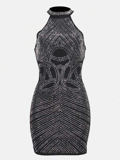 Abito da festa mini con collo a canottiera e strass scintillanti, senza maniche, con schiena scoperta e orlo a matita, stile aderente, per donna, nero con strass argento, collo alto con taglio, abito aderente mini, abito da festa di lusso per l'autunno/inverno e il Natale