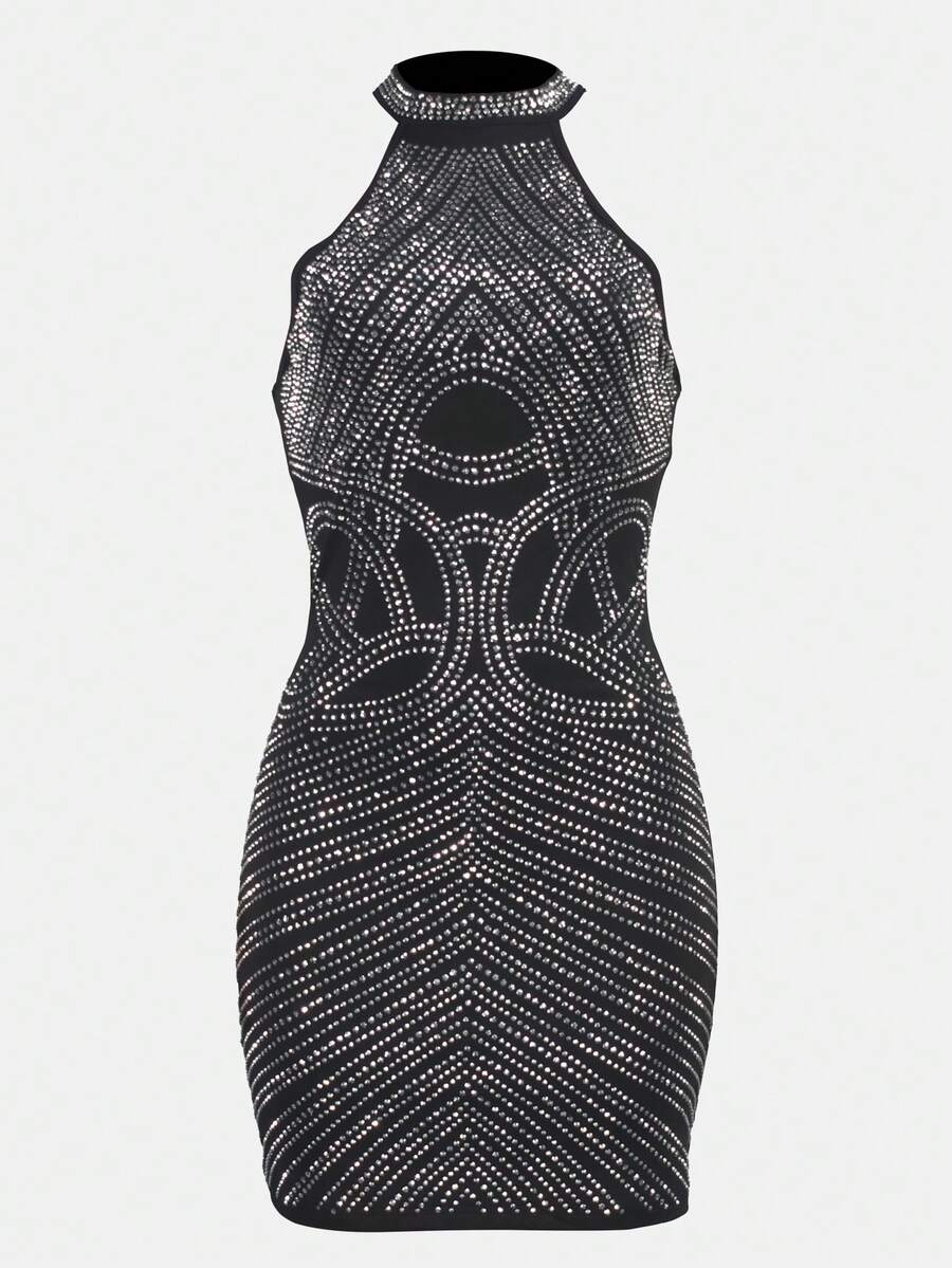 Abito da festa mini con collo a canottiera e strass scintillanti, senza maniche, con schiena scoperta e orlo a matita, stile aderente, per donna, nero con strass argento, collo alto con taglio, abito aderente mini, abito da festa di lusso per l'autunno/inverno e il Natale