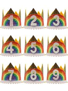 Sombrero de fiesta de cumpleaños con corona dorada con brillo arcoíris y dibujos animados, números adhesivos hechos a mano 1 2 3 4 5 6 7 8 9 corona arcoíris, sombrero de corona para fiesta de eventos festivos, sombrero de fiesta de cumpleaños - Dorado - Ver 2