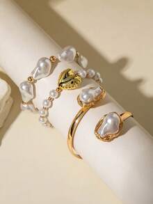 3pcs Minimalist Fashion Metal Wide Bangle Bracelet Set, Asymmetrical Pearl, CCB Peach Heart Geometric Bracelet, Suitable For Daily Wear And Any Occasion, Perfect Gift - 30233-bra-g White - View 5