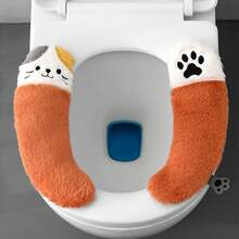 OBOVAY Cartoon Cat Oval Self-Adhesive Toilet Seat Cover, Reusable Soft Plush Bathroom Toilet Lid Mat, Heart & Paw Print Design, Suitable For All Seasons - Multicolor - View 5