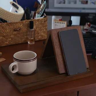 木质阅读架 可拆卸三角形书架 带杯架 多功能食谱架 桌面书挡收纳架