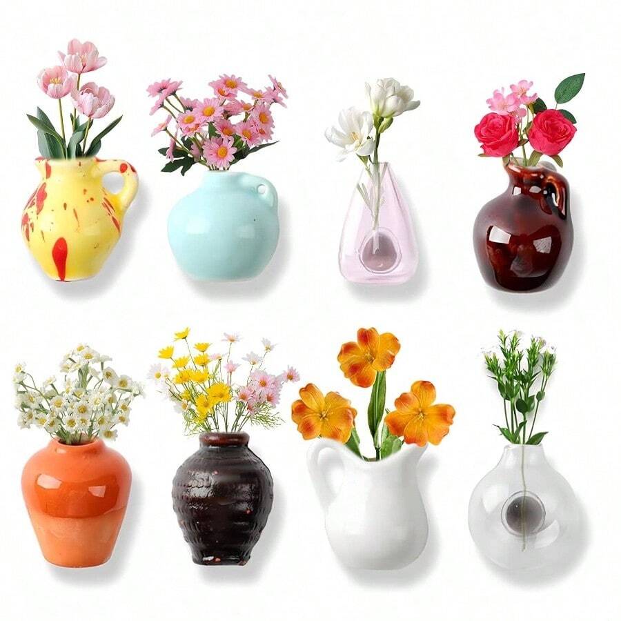8Pcs Vase Magnets Fridge, Ceramic Model Vase Fridge Magnets, 3D Plant Vases Refrigerator Kitchen Locker Office, Home Decor - 顏色 - 查看 1